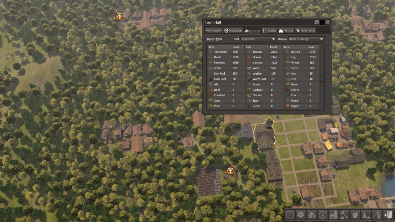 A town in Un-Banished with the Town Hall window open on its Inventory tab