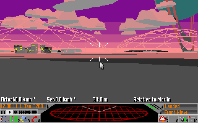 The cockpit view, landed at Merlin in the Ross 154 system, with the scanner and the status bar