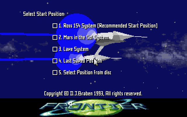 The start-position menu over the title sequence's ships and stars