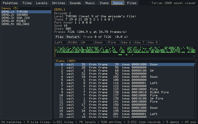 The asset viewer showing a recorded demo as a list of steps: frames to wait, then the keys held
