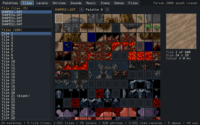 The asset viewer showing a sheet of level tiles from one of the game's tile files