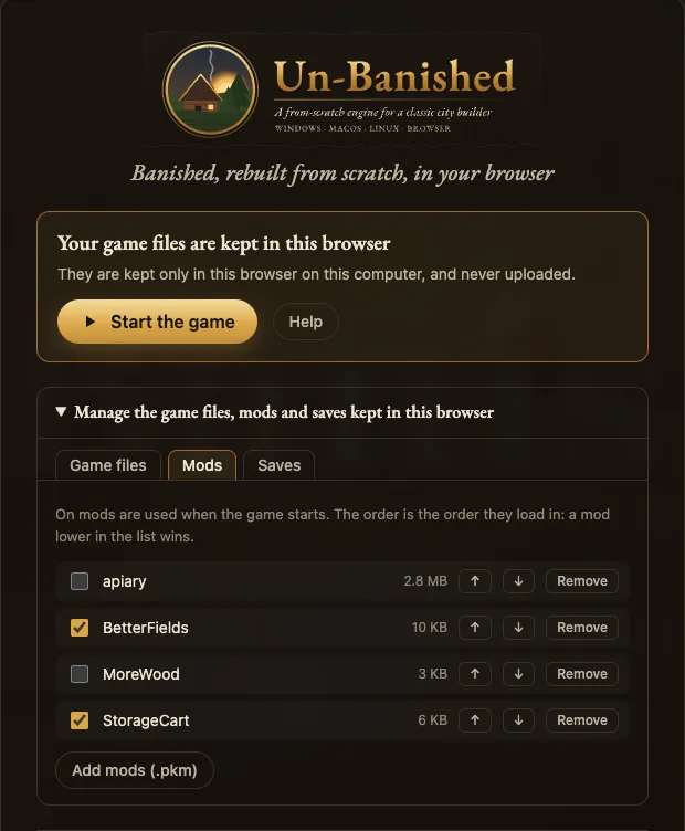 The start page with kept game files: Start the game, Help, and the manager on its Mods tab, with two of four mods on