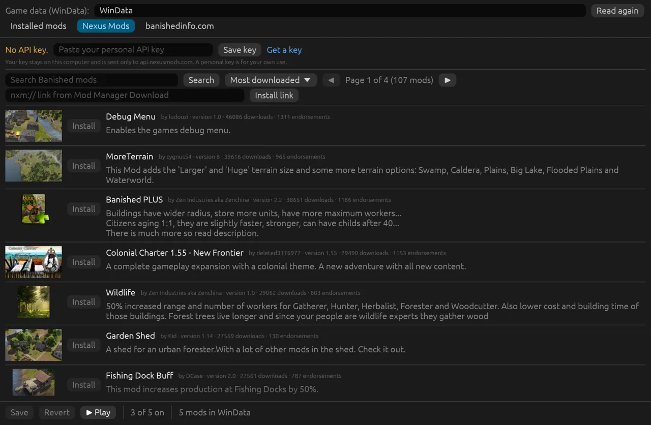 The mod manager's Nexus Mods tab: the API key box, a search, and the most downloaded mods with previews