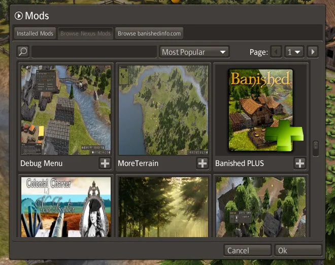 The Mods menu's Browse Nexus Mods tab: a search box, the Most Popular order, and mods as tiles with previews and + buttons