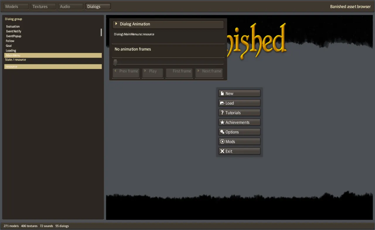 The viewer in Dialogs mode, showing the main menu dialog
