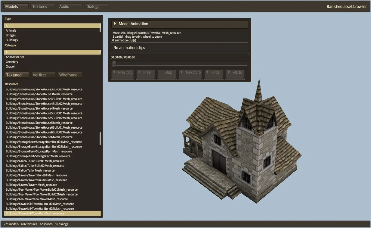 The viewer in Models mode, showing the Town Hall model