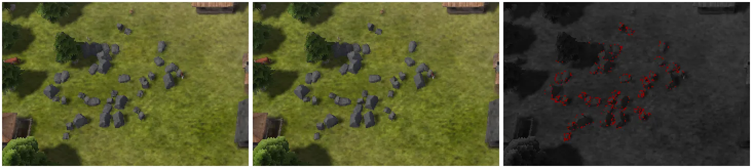 Iron ore piles before, after and the changed pixels, enlarged